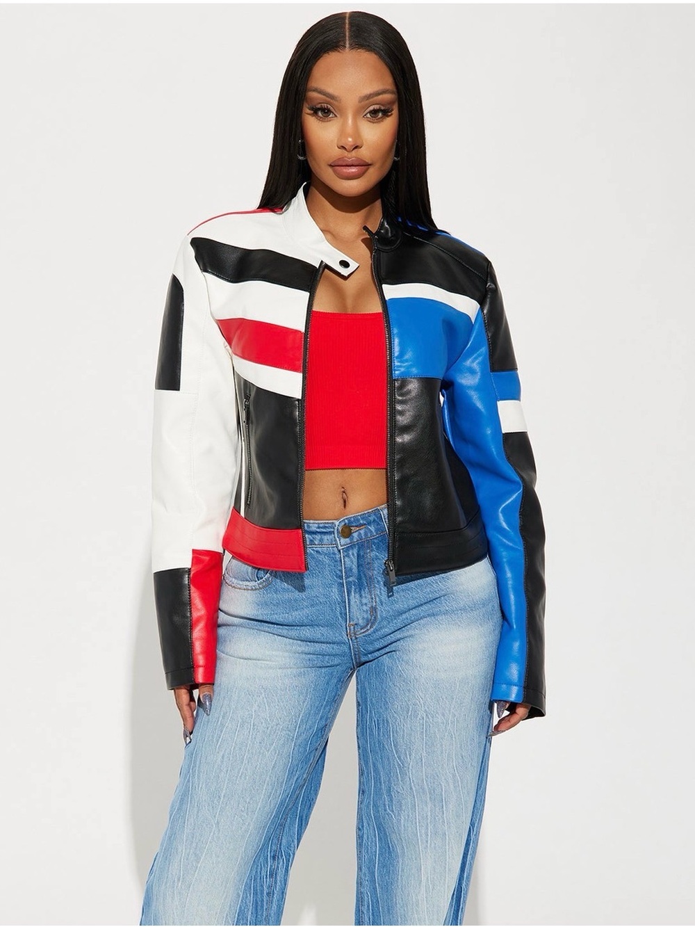Colorblock Faux Leather Jacket in Red, Blue & Black